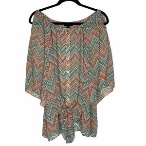 iZ Beyer Aztec Print Blouse Tie Front Open Sleeves